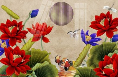 File ảnh Tranh hoa sen cá cửu ngư quần hội S4422 (gốc) cho trang trí nhà hàng