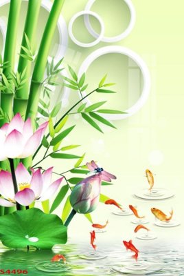 File in lụa Tranh hoa sen cá cửu ngư quần hội S4496 (phong cảnh) Tranh hoa sen cá cửu ngư quần hội S4496