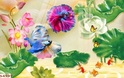 Hình ảnh file gốc in lụa Tranh hoa sen cá cửu ngư quần hội S4597