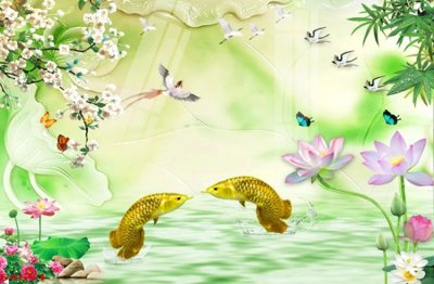 Tải về hình ảnh gốc Tranh hoa sen cá cửu ngư quần hội S4651 sắc nét