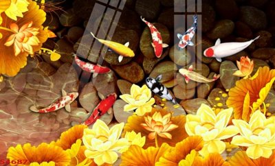 File tranh Tranh hoa sen cá cửu ngư quần hội S4687 (ảnh gốc) in trần 3D