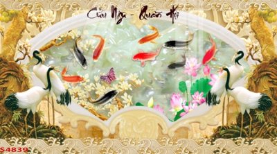 File gốc Tranh hoa sen cá cửu ngư quần hội S4839 (in lụa) trang trí tường