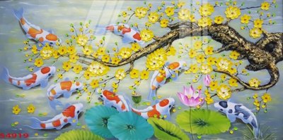 Tải về hình ảnh gốc Tranh hoa sen cá cửu ngư quần hội S4919 sắc nét