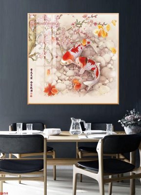 File gốc Tranh cửu ngư quần hội sen cá S658 (in lụa) tranh phong thủy