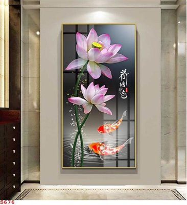 File gốc Tranh cửu ngư quần hội sen cá S676 (in lụa) họa tiết 3D