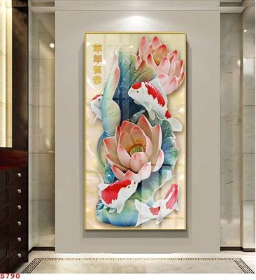 File in mica Tranh cửu ngư quần hội sen cá S790 (bản gốc) làm vách ngăn