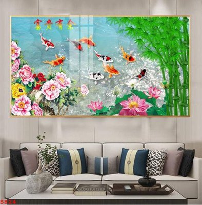 File tranh Tranh cửu ngư quần hội sen cá S824 (bản gốc) in lụa 5D