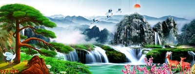 File ảnh Tranh sơn thủy thác nước phong thủy ST1105 (gốc) dùng in Pano