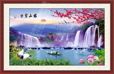 Hình ảnh file gốc in lụa Tranh sơn thủy thác nước phong thủy ST1118