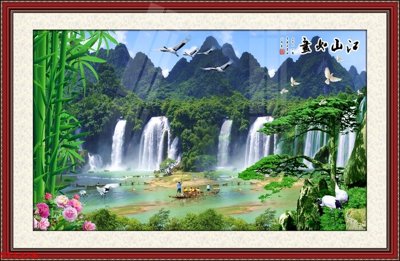 File ảnh Tranh sơn thủy thác nước phong thủy ST1278 (gốc) trang trí khách sạn