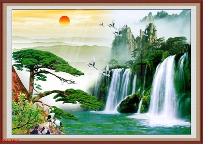 Download file gốc Tranh sơn thủy thác nước phong thủy ST1284 (in lụa) tranh 3D