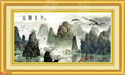 Download file gốc Tranh sơn thủy thác nước phong thủy ST1352 (in lụa) hoa lá