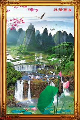 File in mica Tranh sơn thủy thác nước phong thủy ST1364 (bản gốc) siêu trong