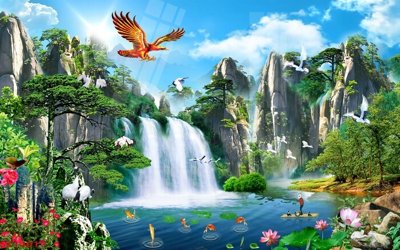 File tranh quảng cáo Tranh sơn thủy thác nước phong thủy ST1401 (download file gốc)