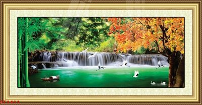 Download file gốc Tranh sơn thủy thác nước phong thủy ST1411 (in lụa) tranh 3D