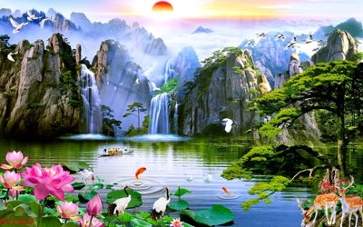 File gốc Tranh sơn thủy thác nước phong thủy ST1427 (in 3D) cho trang trí