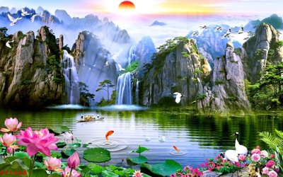 File gốc in ấn Tranh sơn thủy thác nước phong thủy ST1428 chuẩn màu CMYK