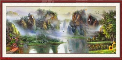 Ảnh gốc Tranh sơn thủy thác nước phong thủy ST1464 (nét căng) in mica