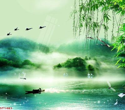 File gốc in mica Tranh sơn thủy thác nước phong thủy ST1481 chất lượng