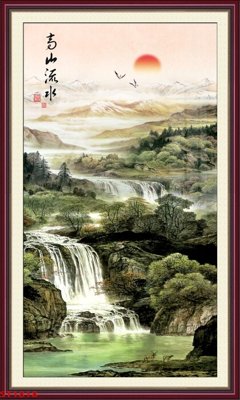 Ảnh gốc file in lụa Tranh sơn thủy thác nước phong thủy ST1818 chi tiết