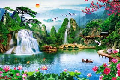 File ảnh Tranh sơn thủy thác nước phong thủy ST2284 (gốc) in decal dán tường