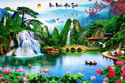 File gốc Tranh sơn thủy thác nước phong thủy ST2291 (PSD/TIFF) độ phân giải cao