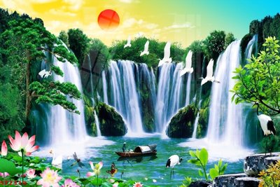 File tranh Tranh sơn thủy thác nước phong thủy ST2319 (gốc) chủ đề thiên nhiên