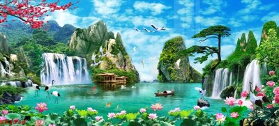 File tranh Tranh sơn thủy thác nước phong thủy ST2334 (bản gốc) in lụa 5D