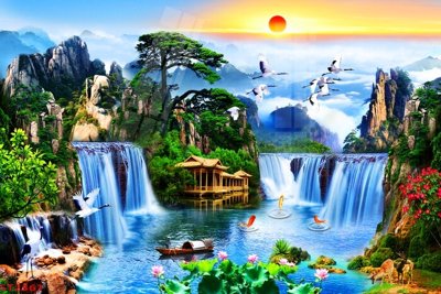 File in trần Tranh sơn thủy thác nước phong thủy ST2361 (bản gốc) đại dương