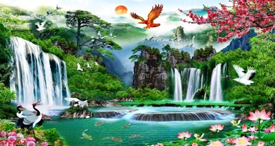 Download file gốc Tranh sơn thủy thác nước phong thủy ST2362 (in lụa) hoa lá