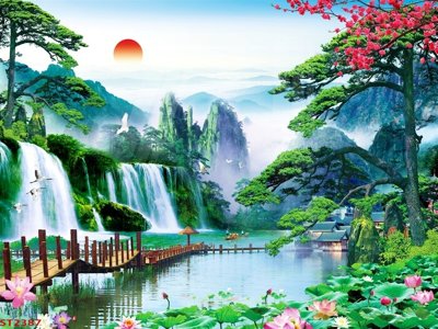 Ảnh gốc file in lụa Tranh sơn thủy thác nước phong thủy ST2387 chi tiết