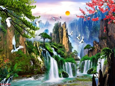 File gốc Tranh sơn thủy thác nước phong thủy ST2396 (PNG) không nền chất lượng