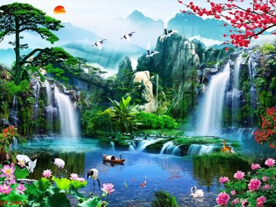 File gốc Tranh sơn thủy thác nước phong thủy ST2401 (phiên bản chuẩn) để in ấn