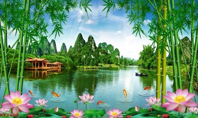 Ảnh gốc Tranh sơn thủy thác nước phong thủy ST2402 (độ nét cao) in tráng gương