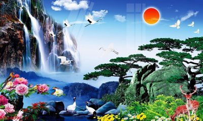 File gốc Tranh sơn thủy thác nước phong thủy ST2409 (cho in 3D) độc đáo