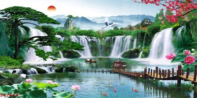 Download file gốc Tranh sơn thủy thác nước phong thủy ST2414 (in lụa) hoa lá