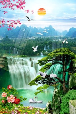 File gốc Tranh sơn thủy thác nước phong thủy ST2422 (chủ đề hiện đại) trang trí