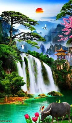 File gốc Tranh sơn thủy thác nước phong thủy ST2431 (cho in ấn) độc quyền