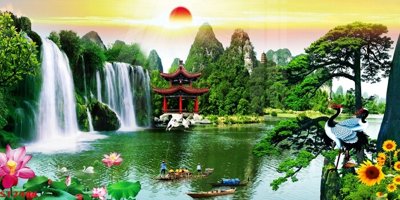 File tranh Tranh sơn thủy thác nước phong thủy ST2444 (gốc) in trên kính