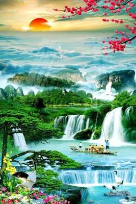 File gốc in ấn Tranh sơn thủy thác nước phong thủy ST2455 độ phân giải cao