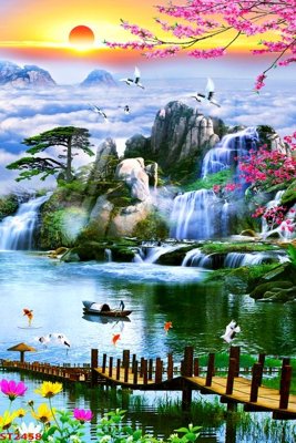 File ảnh Tranh sơn thủy thác nước phong thủy ST2458 (gốc) in backdrop sự kiện