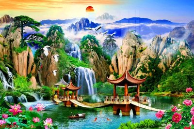 File gốc Tranh sơn thủy thác nước phong thủy ST2465 (PNG) nền trong suốt