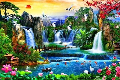 File gốc Tranh sơn thủy thác nước phong thủy ST2479 (in lụa) hoa văn cổ điển