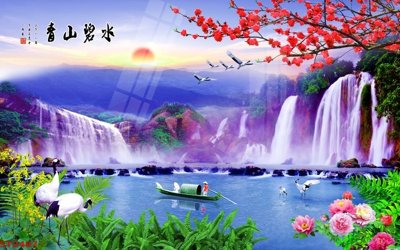 Ảnh gốc Tranh sơn thủy thác nước phong thủy ST2487 (độ nét cao) in mica