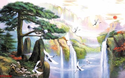 File tranh Tranh sơn thủy thác nước phong thủy ST2498 (gốc) chủ đề thành phố