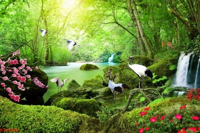 File gốc Tranh sơn thủy thác nước phong thủy ST2504 (in tráng gương) hiện đại