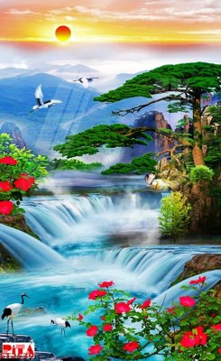 File PSD Tranh sơn thủy thác nước phong thủy ST2539 (chất lượng in ấn)