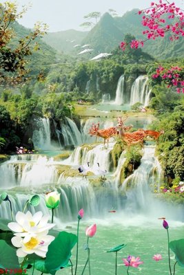 Download file Tranh sơn thủy thác nước phong thủy ST2581 (gốc) in mica đèn LED