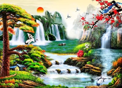 Tải file Tranh sơn thủy thác nước phong thủy ST2617 (ảnh gốc) in gạch men