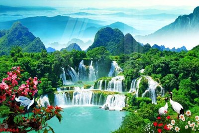 File gốc in mica Tranh sơn thủy thác nước phong thủy ST2664 chất lượng